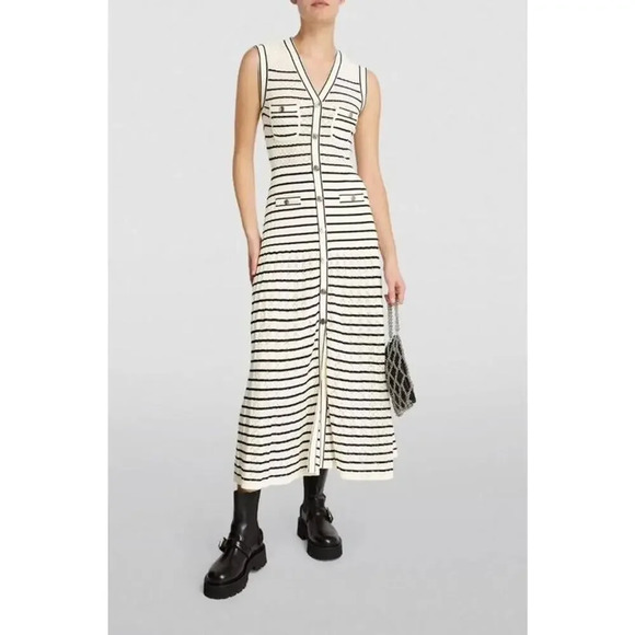 Sandro Molina White Striped Sleeveless Buttoned V Neck Knit Midi Dress Sz 36 - Picture 1 of 16